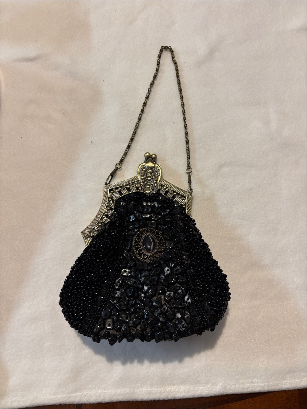 Black Beaded Evening Bag with Antique Gold Frame